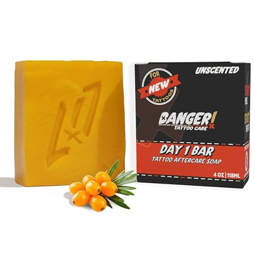 Banger Bar Tattoo Soap - Day 1 Tattoo Aftercare Soap Bar for New Tattoos & PMU, Fragrance Free Cold Process Cleanser with Sea Buckthorn Oil, 4oz