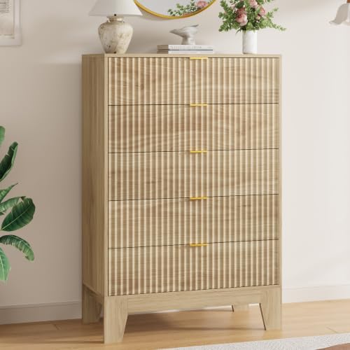 Image of Garvee 5 Drawer Dresser for Bedroom, 47 inch Tall Fluted Chest of Drawers with Metal Handle, Modern Wooden Dresser TV Stand, Clothes Storage Organizer Wood Closet for Hallway, Entryway, Natural Oak