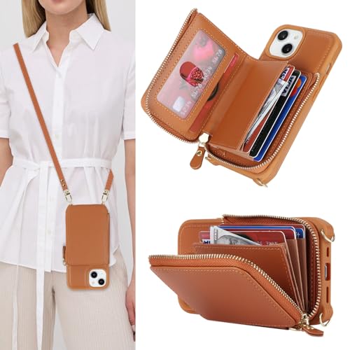 Zouzt iPhone 13 Wallet Case [with Adjustable Lanyard & Wrist Strap] 14 Case with Card Holder Zipper 14 Leather 13 Crossbody Bag, Purse Style Necklace Phone Cover 6.1 Inch (Brown)