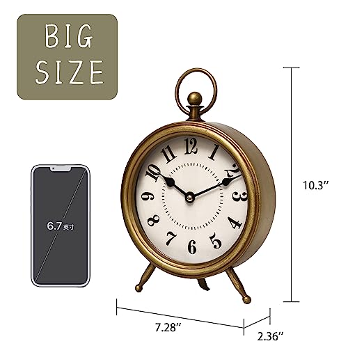 EMAX HOME Vintage Table Clock on Stand, Decorative Desk and Shelf Clock Rustic Mantel Clock Non-Ticking, Metal Frame with Antique Gold Finish