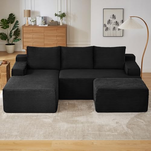 Image of 96 inch Boneless Cloud Couch Sectional Couches Sofa for Living Room | Modular U-Shaped Couch, Comfy Modern Corduroy Memory Foam Sofas with Ottoman, Oversized Chaise (Black, Left-Facing Chaise)