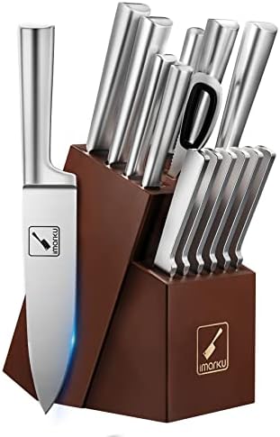 Knife Set - imarku Kitchen Knife Set 15 Pieces Japanese Stainless Steel Knife Block Set with Sharpener - Dishwasher Safe Kitchen Knives - Ultra Sharp Chef Knife Set for Kitchen, Silver