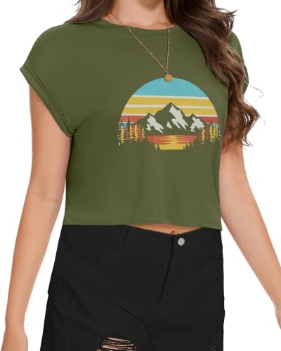 Image of Womens Crop Tops Summer Roll Cap Sleeve Cropped Tshirt Loose Fit Basic Tees