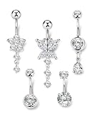 ORAZIO 5 Pares Plata Piercing Ombligo Acero Quirurgico 10MM Plata Belly Piercing para Mujer Hipoalergénico Mariposa Circón Piercing Ombligo para Mujer