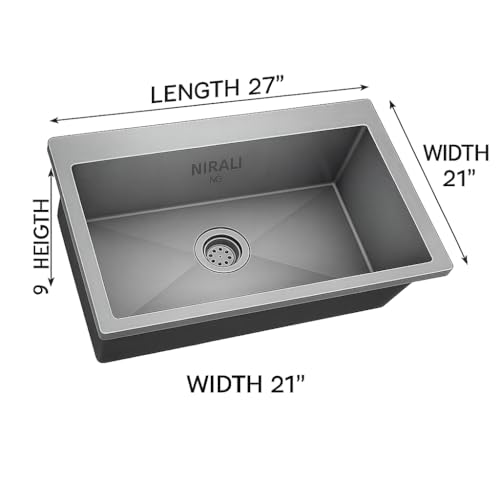 Image of Nirali Kitchen Sink Square 27 inchx21 inchx9 inch Morgan | 304 Grade Stainless Steel | Handmade Single Bowl Sink with Waste Coupling | 25 Yrs Warranty on Product by Brand (Morgan 27x21)