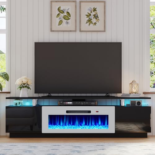 Image of AMERLIFE 80 inch High-Gloss Fireplace TV Stand with 40 inch Electric Fireplace | Black /White LED TV Console, Modern Living Room Entertainment Center, Fits TVs up to 90 inch, 2 Cabinets, 2-Tier Storage Space