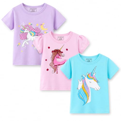 Image of Girls Graphic T Shirts 3 Pack 100% Cotton Short Sleeve Tees for Toddler Little Big Girls Cute Printed Casual Summer Tops