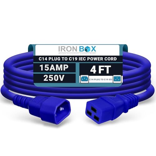 Image of IronBox Electric - Heavy-Duty C14 to C19 Power Cord, 15A, 250V, 14 /3 SJT - IEC60320 PC Cable for Computer Extensions, Monitor, PSU - C14 Male to C19 Female Connector Power Cable - (Blue 4 Foot)
