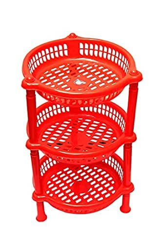 Jimit Plastic Trolley with Dish Rack for Kitchen Fruit/Vegetable Storage Basket for Modern Kitchen Organizer, Kitchen Accessories Grocery Rack- 3 Layer (Red)