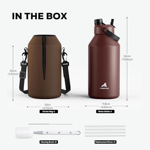 Image of POWCAN 64 oz Insulated Water Bottle with Carrier Bag, Leakproof, Straw and Spout Lid, Keep Cold 48H, Cleaning Brush, BPA-Free, Stainless Steel Water Bottle for Travel, Sports and Picnic (Cocoa)