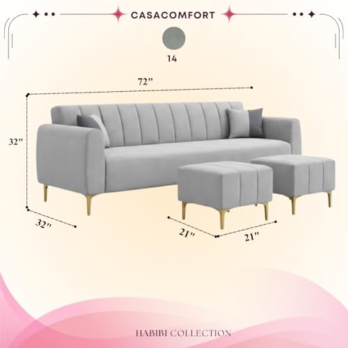 Image of Habibi 5 Seater L Shape Sofa Set with 2 Movable Ottomans | Flexible Layout | Rich Velvet Suede Fabric | Silver Legs | Modern Sofa for Living Room (Light Grey)