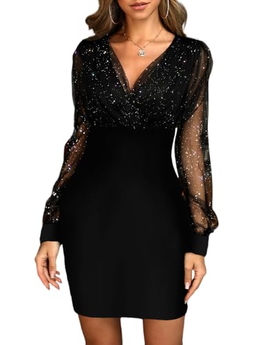 CHICME Women's Glitter Party Dress 2025 V-Neck Mesh Sheer Lantern Sleeve Mini Dresses Zipper Back Slim Fit Evening Dress Black-L