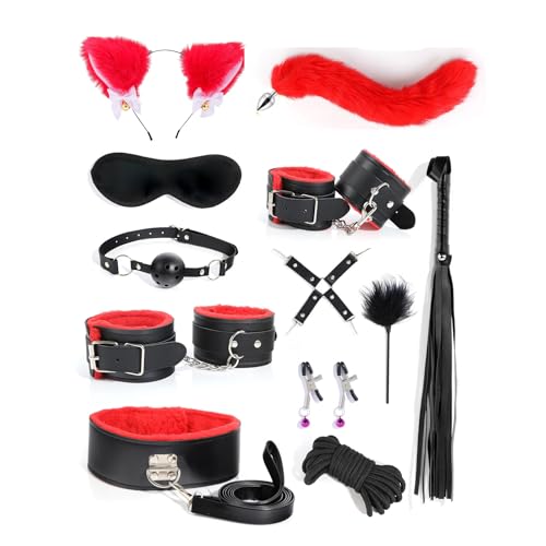 Image of 12pcs BDSM Kit, Bondage Restraints Set Anal Butt Plug Tail Cat Ear Adult Bondage Gear & Accessories Esposas Sexuales, Bondage Equipment for Women Men Couple Black&Red