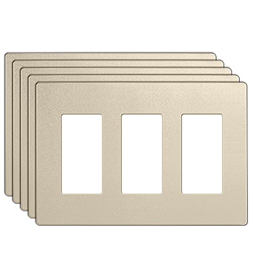 [5 Pack] Bestten 3 Gang Champagne Gold Screwless Wall Plate, Signature Collection Golden Decorator Outlet Cover, H4.69” X W6.54”, For Light Switch, Dimmer, Receptacle #TOP22