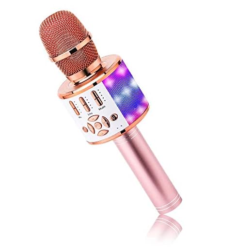 BONAOK 4 in 1 Drahtlos Tragbare Karaoke Mikrofon Lautsprecher,LED, Kinder, Heim KTV Karaoke Gerät, kompatibel mit iOS Android Bluetooth Geräten (Roségold)
