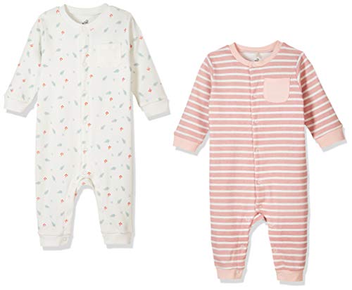 Zanie Kids Unisex Baby Long Sleeves Snap-up Rompers Print Cotton Outfits, 2-Pack, Stripe & Feather, 3-6 Months