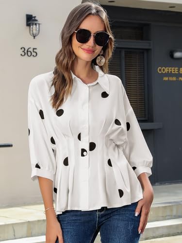 Women Pleated Peplum Blouse 3/4 Sleeve Button Down Cinched Waist Shirt Fitted Flattering Office Daytime Top
