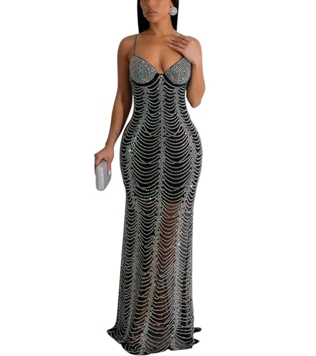 Image of PORRCEY Women's Sexy Rhinestone Lace Sheer Mesh Formal Evening Dress