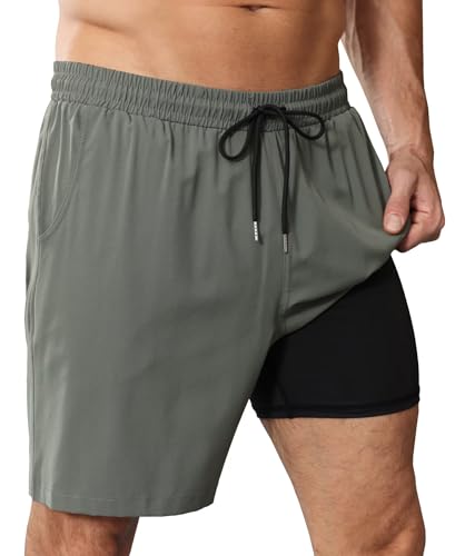 OYGSieg 2 in 1 Mens Swim Trunks 7 Inch Board Shorts Quick Dry Swim Shorts Suit with Pockets