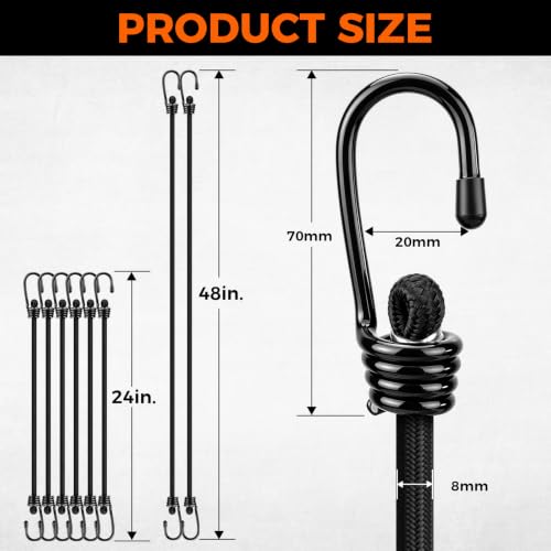 Image of 8-Piece 24 & 48 Inch Bungee Cords with Hooks, Heavy Duty Outdoor Elastic Bungee Straps, Industrial Grade Bungee Cord for Securing Tarps, Luggage, Tents, Bikes or Garden Tidying
