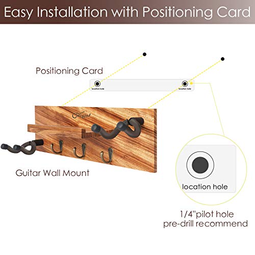 Guitar Holder Wall Mount with Double Rotatable Rubber Hook, Solid Wood Guitar Hanger with Shelf and Pick Holder, Guitar Hanging Rack for Acoustic Electric Guitar, Bass, Banjo, Guitar Accessories