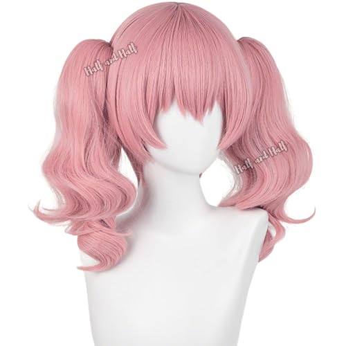 Image of Half and Half Short Pink Curly Anime Ponytail Wig Deep Pink Wave Twin Tails Lolita Wigs with Bangs for Karuta Roromiya Cosplay Women Halloween Party Daily