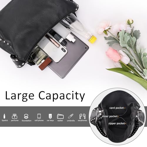 Image of Shoulder Purse,Punk Studded Purse Western Solid Vintage Underarm Bag Tote Bag, Handbag with Zipper Closure for Women (Black-sliver)