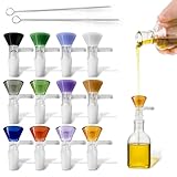 12Pack 14mm Glass Funnel with Handle – Multi-Use for Kitchen, Lab, DIY, Easy Pouring – Colored Tops, Thick Spill-Resistant Glass Funnels for Liquids, Oils, 2 Cleaning Brushes for Easy Clean