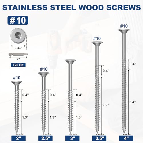 Image of #10 x 3.5 Stainless Steel Deck Screws, 750Pcs 410 Grade Stainless Steel | T25 Star Bit Deck Screws,Rust Resistant Timber Screws for Log Landscaping Wood