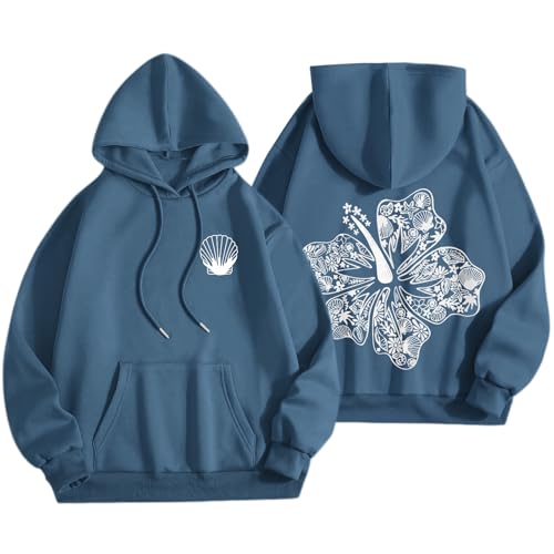 Lubpow Womens Cute Pink Flower Hoodie Aesthetic Preppy Hawaiian Hibiscus Sweatshirt Casual Puff Graphic Hoodies Pullover Tops Deep Blue Medium