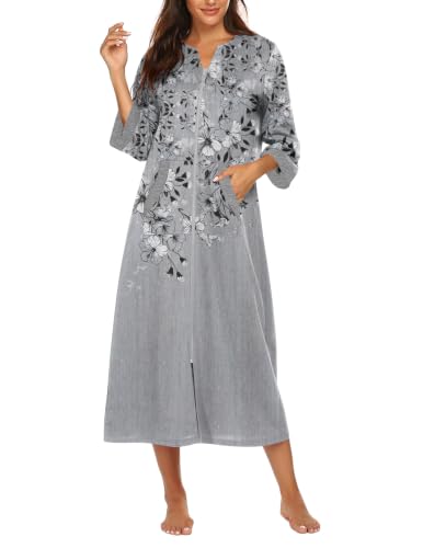 Image of Ekouaer Robes for Women Zipper Robe 3 /4 Sleeves Housecoat with Pockets