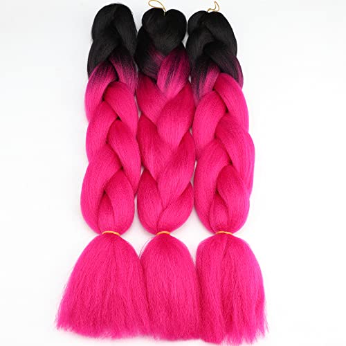 Jumbo Braiding Hair Attachment Ombre Color Hot Pink 3Pakcs Synthetic Hair Extension Box Braids 24Inch Crochet Braids (1B/Hotpink) #TOP4