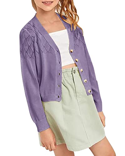 Girls Open Front Cardigan Crochet Lightweight Knit Boho Long Sleeve Casual Sweater For 5-14 Years Purple #TOP30