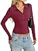 Womens Cotton Polo Collared Shirt Long Sleeve Sexy Deep V Neck Top Button Up Slim Fitted Tee Business Casual Outfit Magenta S