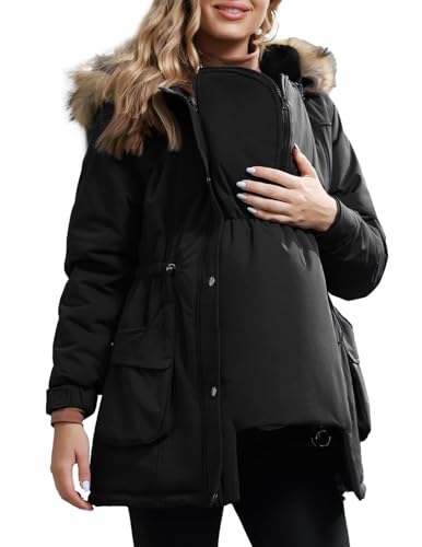 Image of Maacie Maternity Winter Coat,3 In 1 Thickened Jacket,Fleece Lined Warm Hooded Outwear With Pockets