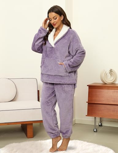 Women's Flannel Pajamas Fleece Oversized Pullover Fuzzy Pajama Sets Cozy Pants Sets Fluffy Loungewear4