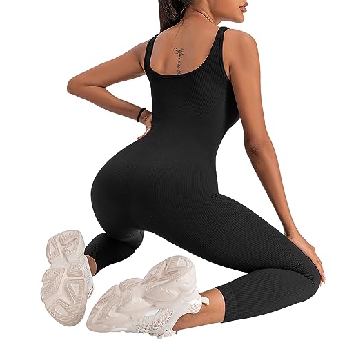 Jetjoy Damen Sport Jumpsuit Lang Yoga Armellos Workout Bodysuit Einteiler Ganzkörperanzug Jumpsuit eng Eckigem Ausschnitt Gerippte Jumpsuits Sportanzug Einteiliger
