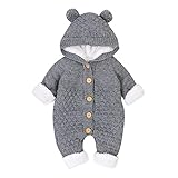 [Mornyray] ベビー服 ロンパース カバーオール ニット 長袖 女の子 男の子 裏ボア 秋冬 フード付き 前開き 赤ちゃん服 可愛い 防寒着 コットン 出産祝い グレー 80
