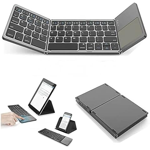 Black Tri-Foldable Portable Wireless Bluetooth Keyboard with Sensitive Touchpad Multi-Device for iOS Windows Android Tablets, Smartphones, Laptops, PC and More with Rechargable Li-ion Battery Cover