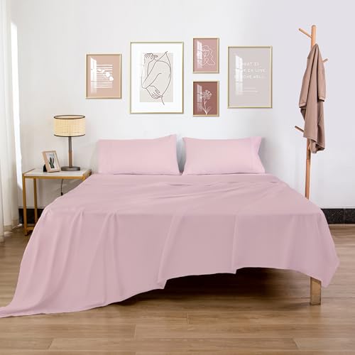 HBHLFZ King Flat Sheet - Ultra Soft Polyester Top Sheet - Hotel Quality Bed Sheets - Comfortable Wrinkle-Free - Easy to Care for - 1 King Flat Sheet Only(King,Light Pink)