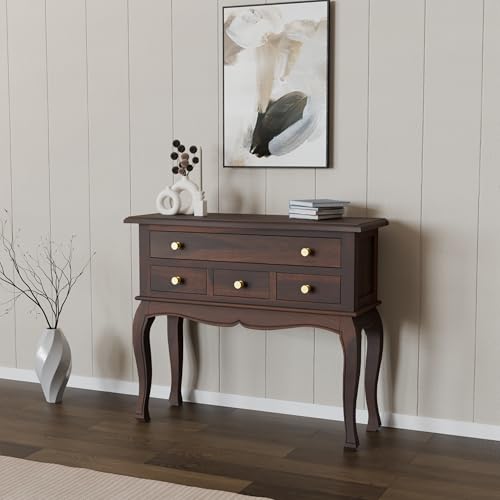 Image of WOODY Furniture Solid Wood Console Table for Living Room | Wooden Side Entrance Table for Home with 4 Drawers & Shelf Storage | Console Table for Bedroom (Walnut Finish)