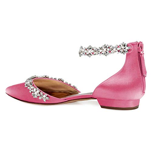 Image of XYD Women Classic Pointed Toe D'Orsay Wedding Flat Sandals Sparkly Rhinestones Ankle Strap Low Heel Dress Shoes with Zipper