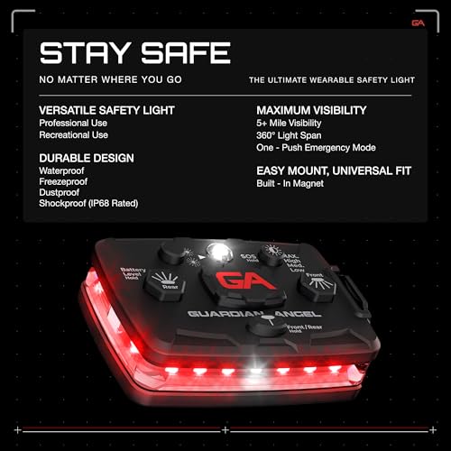 Image of Guardian Angel Elite Series Safety Light - Red Front & Red Rear - Rechargeable, Magnetic, Hands-Free Wearable & Mountable LED Light for Firefighters, First Responders, EMS & Rescue Ops