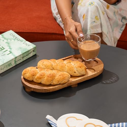 Image of Sanjh Serving Tray - Acacia Wood & Glass Cup Tray - Multipurpose Tray for Tea, Snacks & Drinks (6x12x3.875 inches)