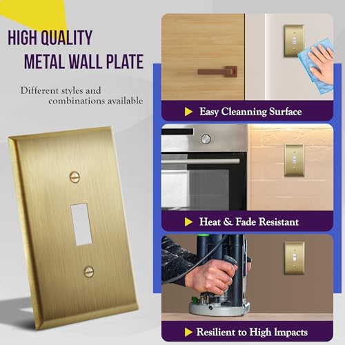Image of ENERLITES Toggle Light Switch Metal Wall Plate, Stainless Steel Switch Cover, Corrosion Resistant, Size 1-Gang 4.50 inch x 2.76 inch, Stainless Steel 201, 7711-BB, Brushed Brass, Gold | Luxury brushed brass finish; Rust-proof Stainless Steel 201; Standard 1-gang; Fits toggle switches; 7711-BB