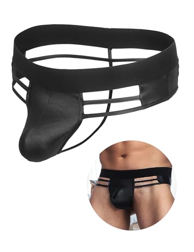 ohmydear Herren String Tanga T-Back Ouvert Unterhosen Männer Höschen Kunstleder Jockstrap Erotische Thongs Sexy Slips für Mann Reizwäsche Große Größen Schwarz S