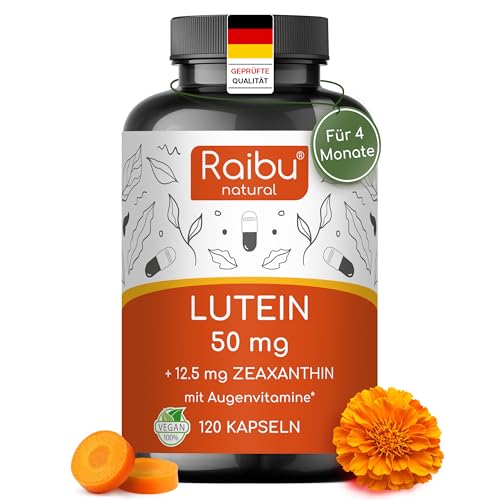 Lutein Zeaxanthin Kapseln Augenvitamine hochdosiert - 50mg Lutein + 12 5mg Zeaxanthin - 4 Monatsvorrat Augen Kapseln - Mit Vitamin A & B2-1 Kapsel täglich - Vegan & natürlich
