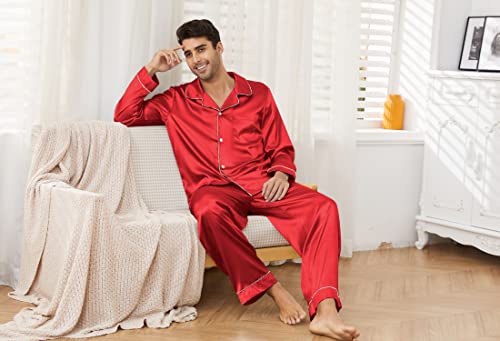 Image of U2SKIIN Mens Silk Pajamas Set, Long Sleeve Satin Pajamas for Men Sleepwear Button Down Pjs Set Two-piece