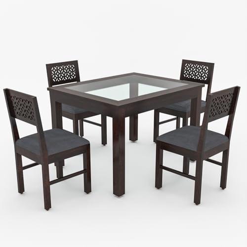 Image of Solid Sheesham Wood Dining Glass Top Table Set of 4| Wooden 4 Seater Dining Table with 4 Chairs with Cushion|Wood Dining Table & Chairs for Home, Restaurant, Cafe,Dining Room|Walnut Finish