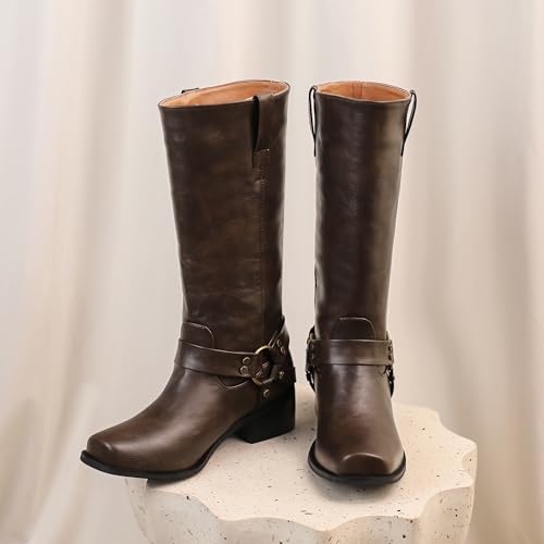 BEAUPAS Women's Classic Motorcycle Boots Buckles Biker Mid Calf Riding Boots Harness Ring Square Toe Block Heel Low Heel3